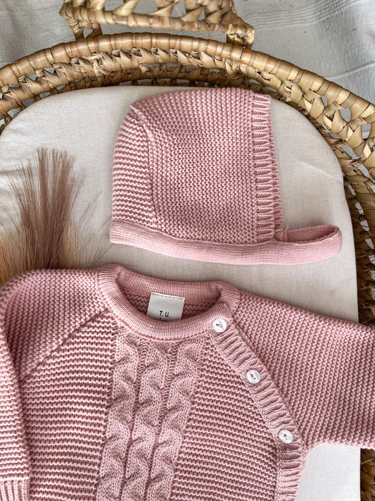 Conjunto de malha 3 peças bebé rosa