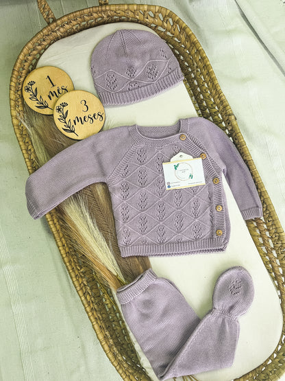 Conjunto de malha 3 peças bebé lavanda