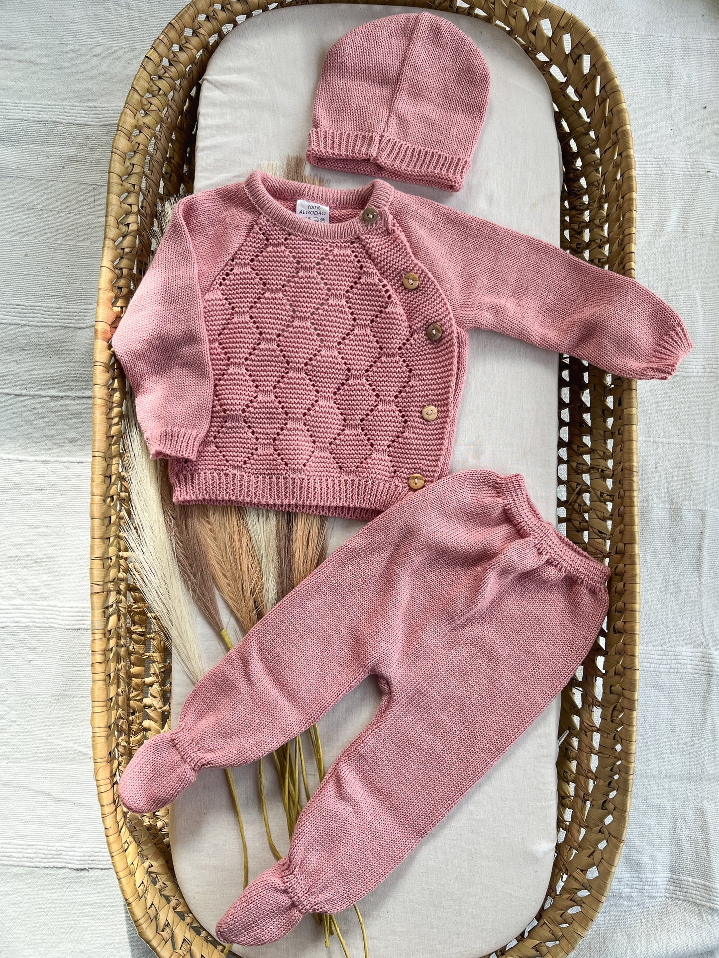 Conjunto de malha bebé 3 peças rosa