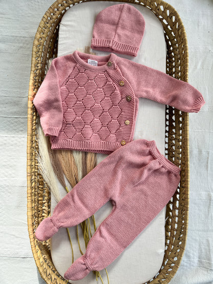 Conjunto de malha bebé 3 peças rosa