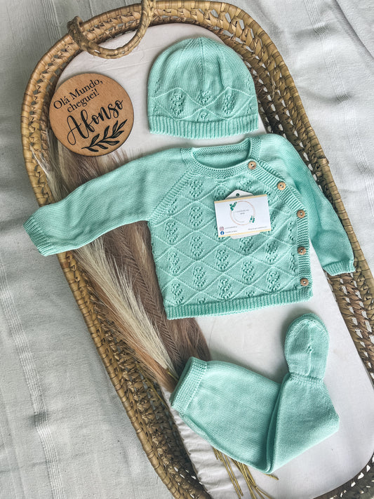 Conjunto de malha 3 peças bebé verde menta