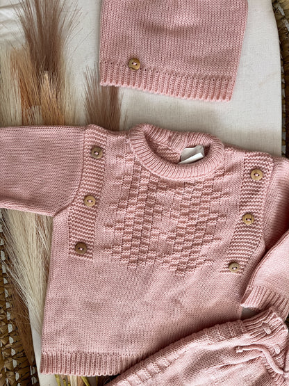 Conjunto de malha 3 peças bebé rosa