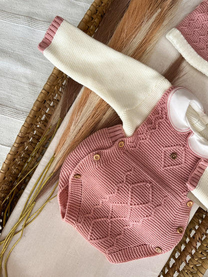 Conjunto de malha 3 peças bebé rosa