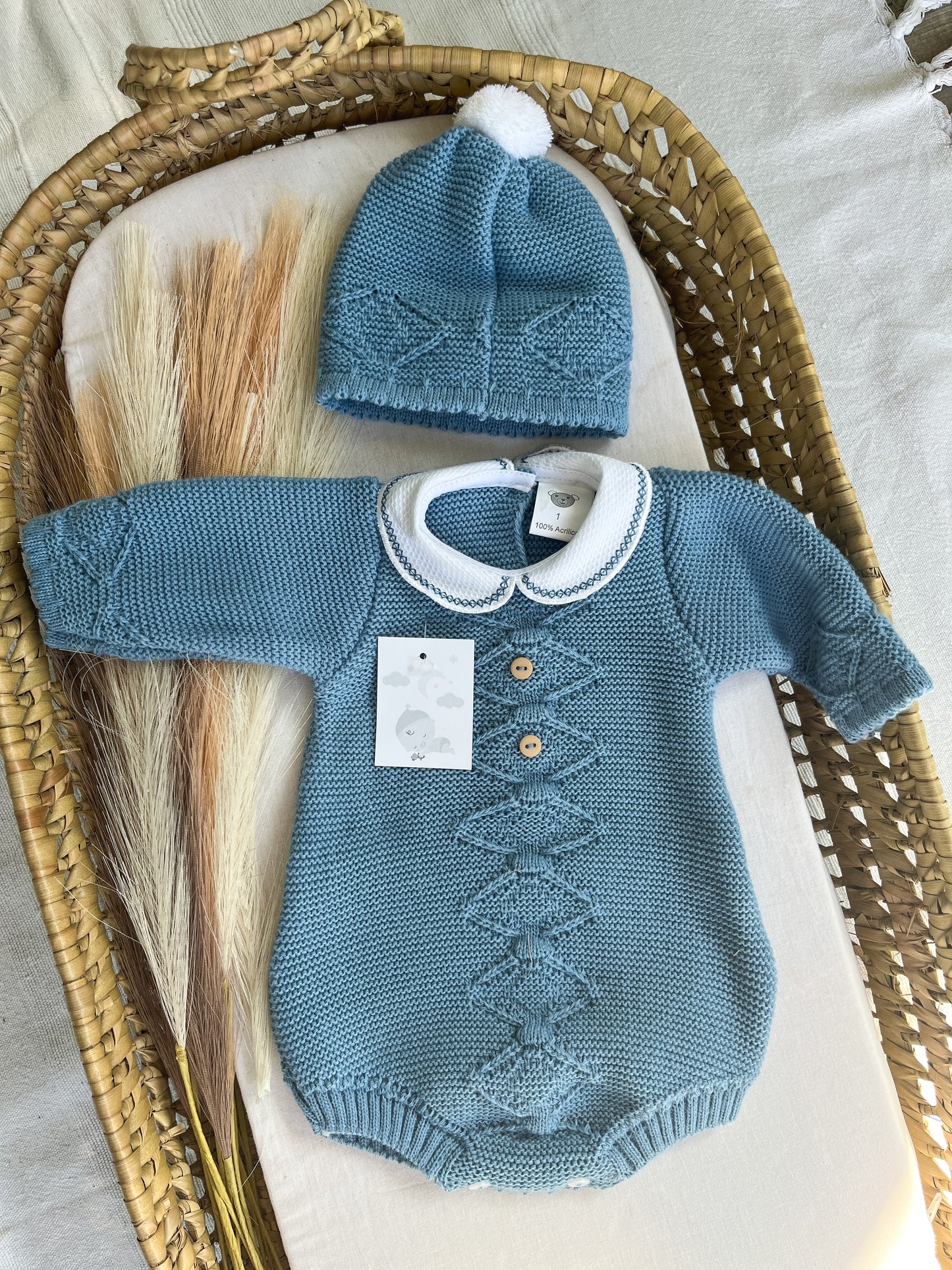 Conjunto de malha 2 peças fofo e gorro azul