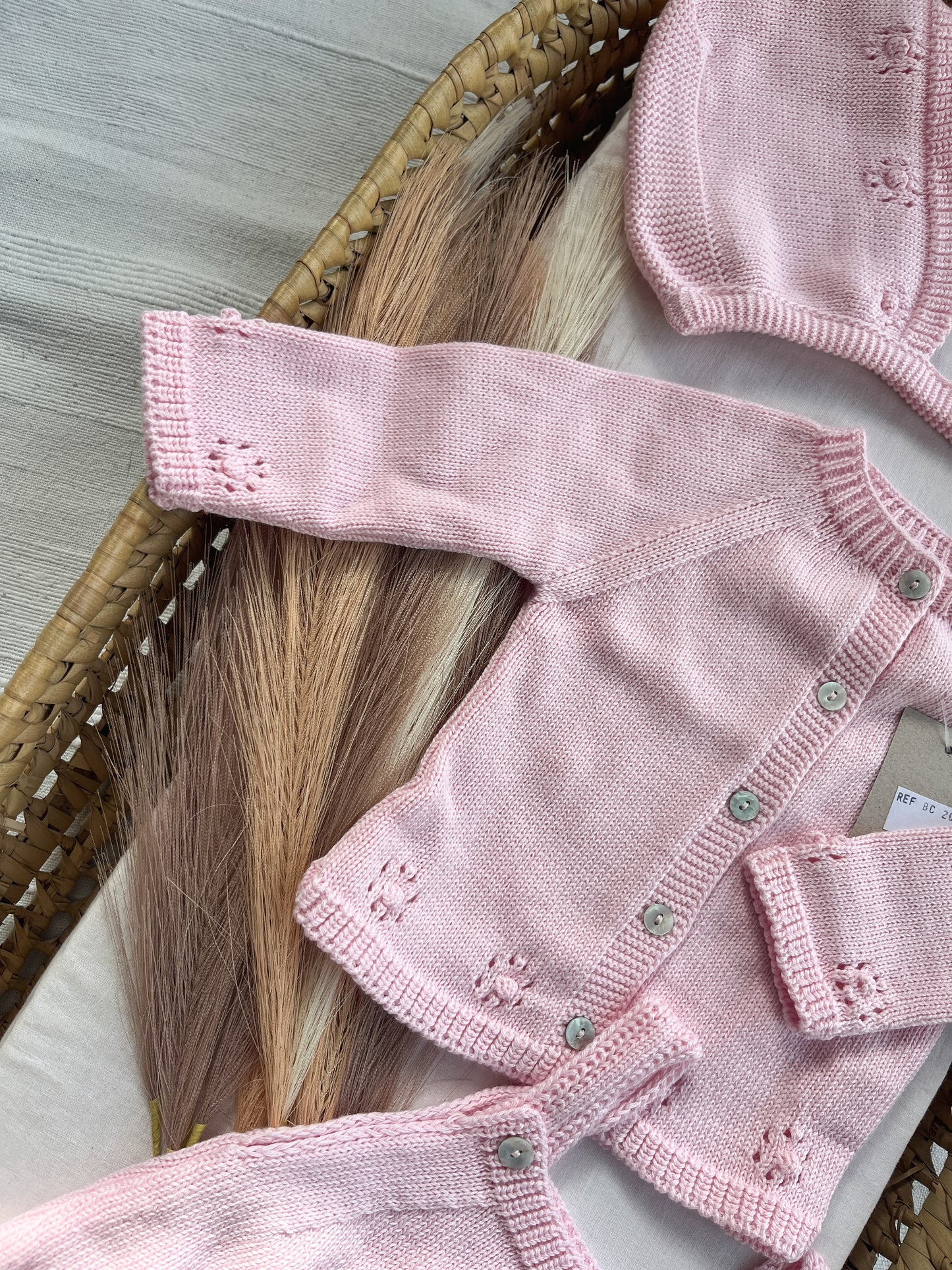 Conjunto de malha bebé 3 peças rosa