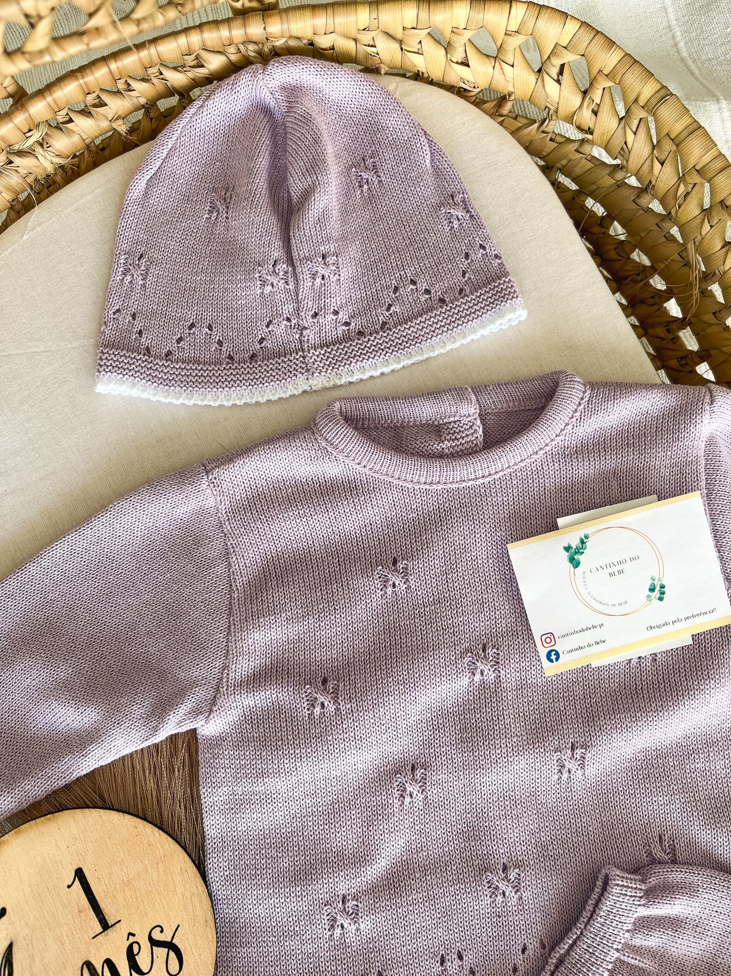 Conjunto de malha bebé 3 peças lavanda