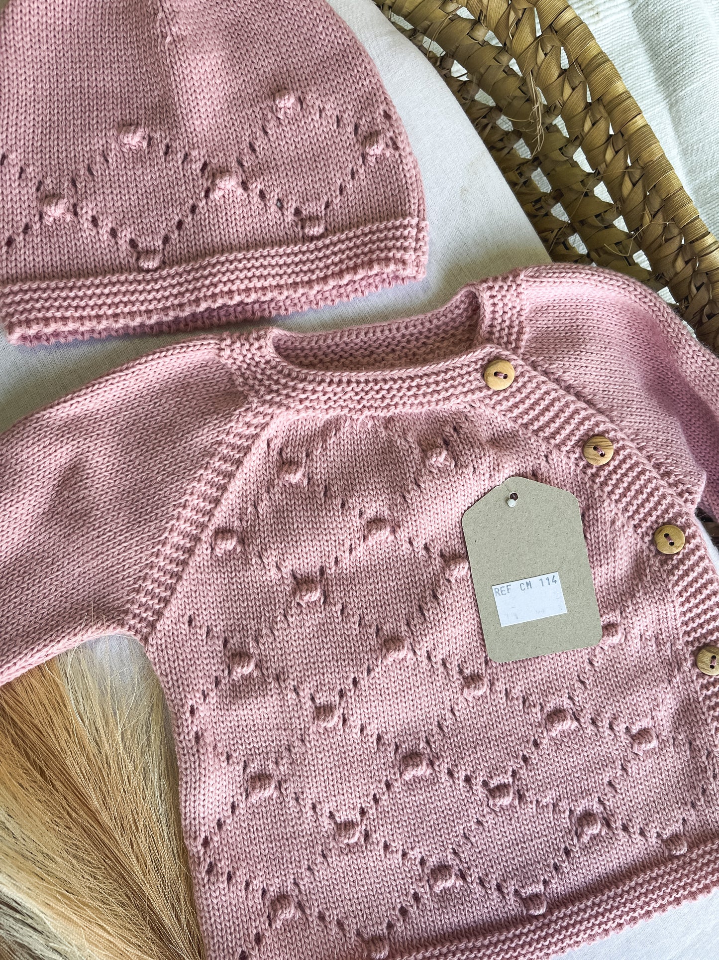 Conjunto de malha bebé 3 peças rosa velho