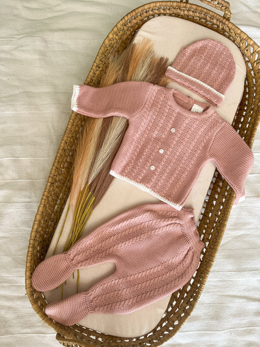 Conjunto de malha 3 peças bebé rosa velho