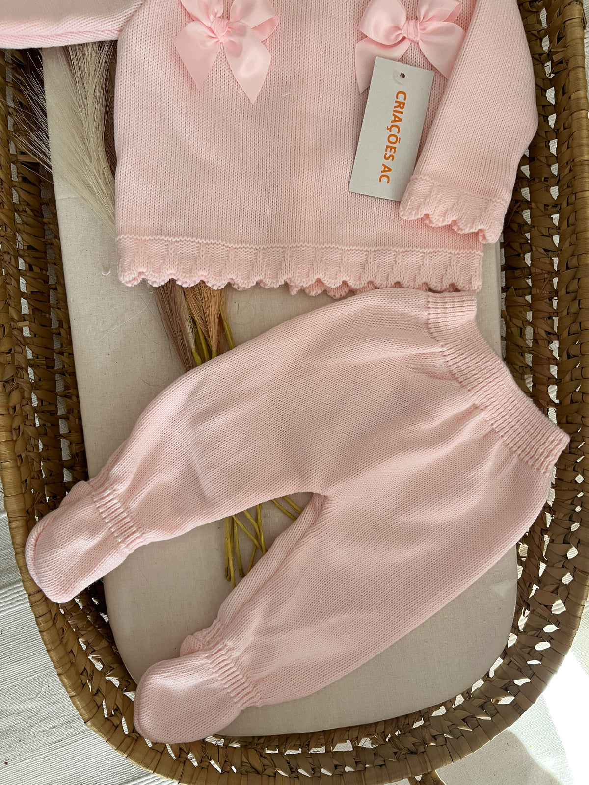 Conjunto de malha 3 peças bebé rosa bebé
