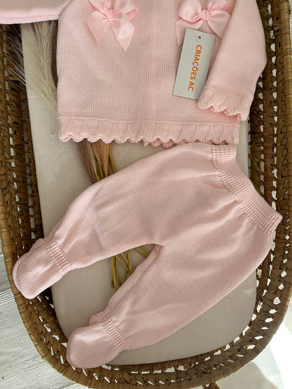 Conjunto de malha 3 peças bebé rosa bebé