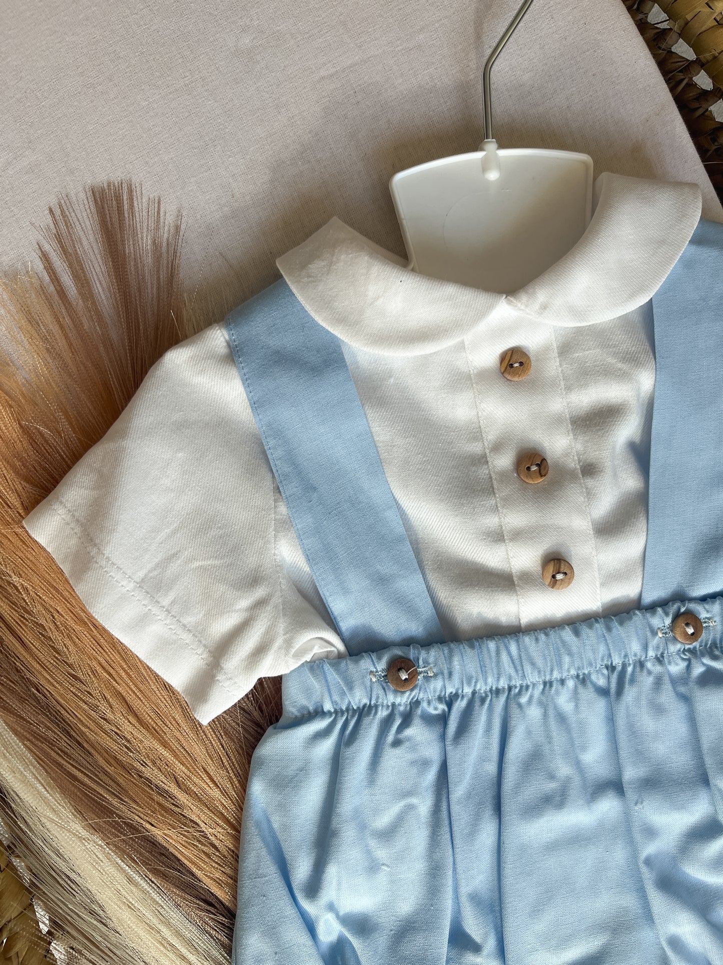 Conjunto de fofo/jardineira com blusa bebé menino azul