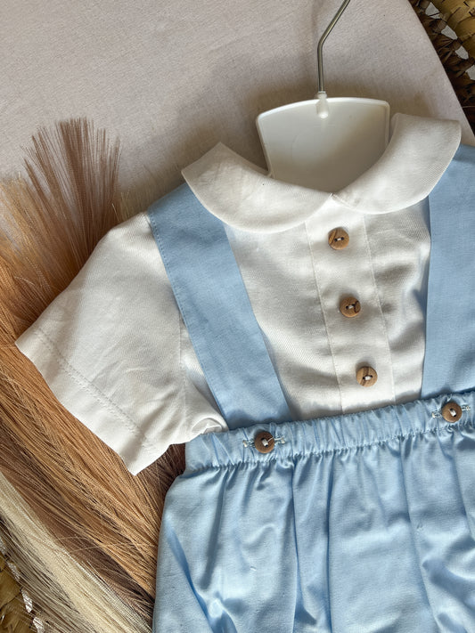 Conjunto de fofo/jardineira com blusa bebé menino azul