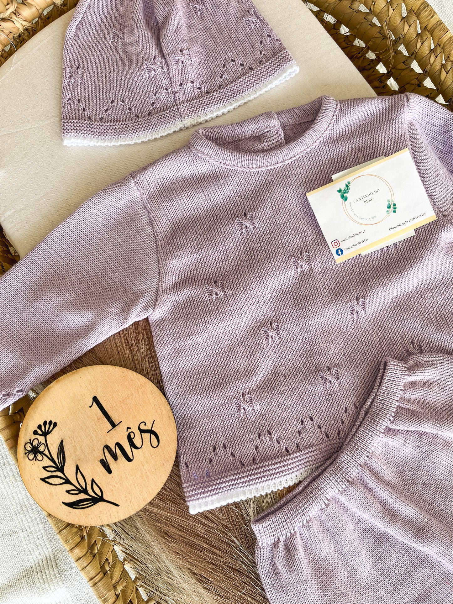 Conjunto de malha bebé 3 peças lavanda