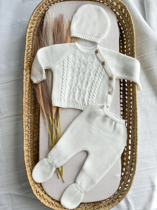 Conjunto de malha bebé 3 peças branco