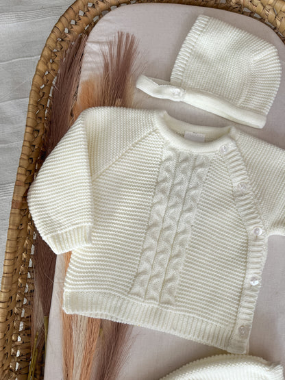 Conjunto de malha 3 peças bebé branco pérola