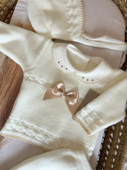 Conjunto de malha 3 peças bebé branco pérola