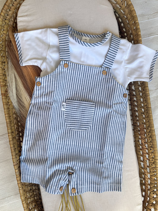 Conjunto de jardineira com blusa bebé menino azul marinho