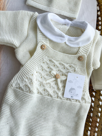 Conjunto de malha bebé 3 peças branco pérola