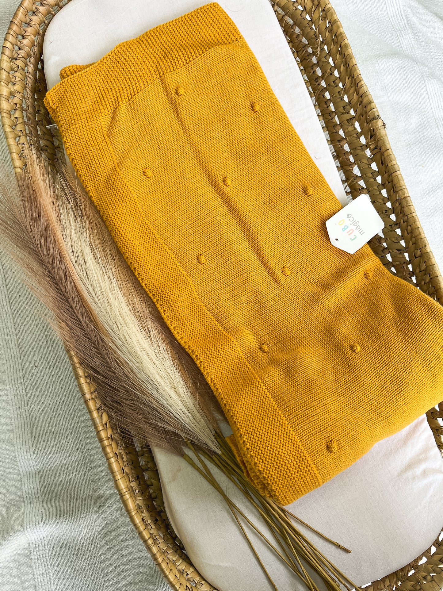 Manta de malha amarelo mostarda para bebé personalizável com nome