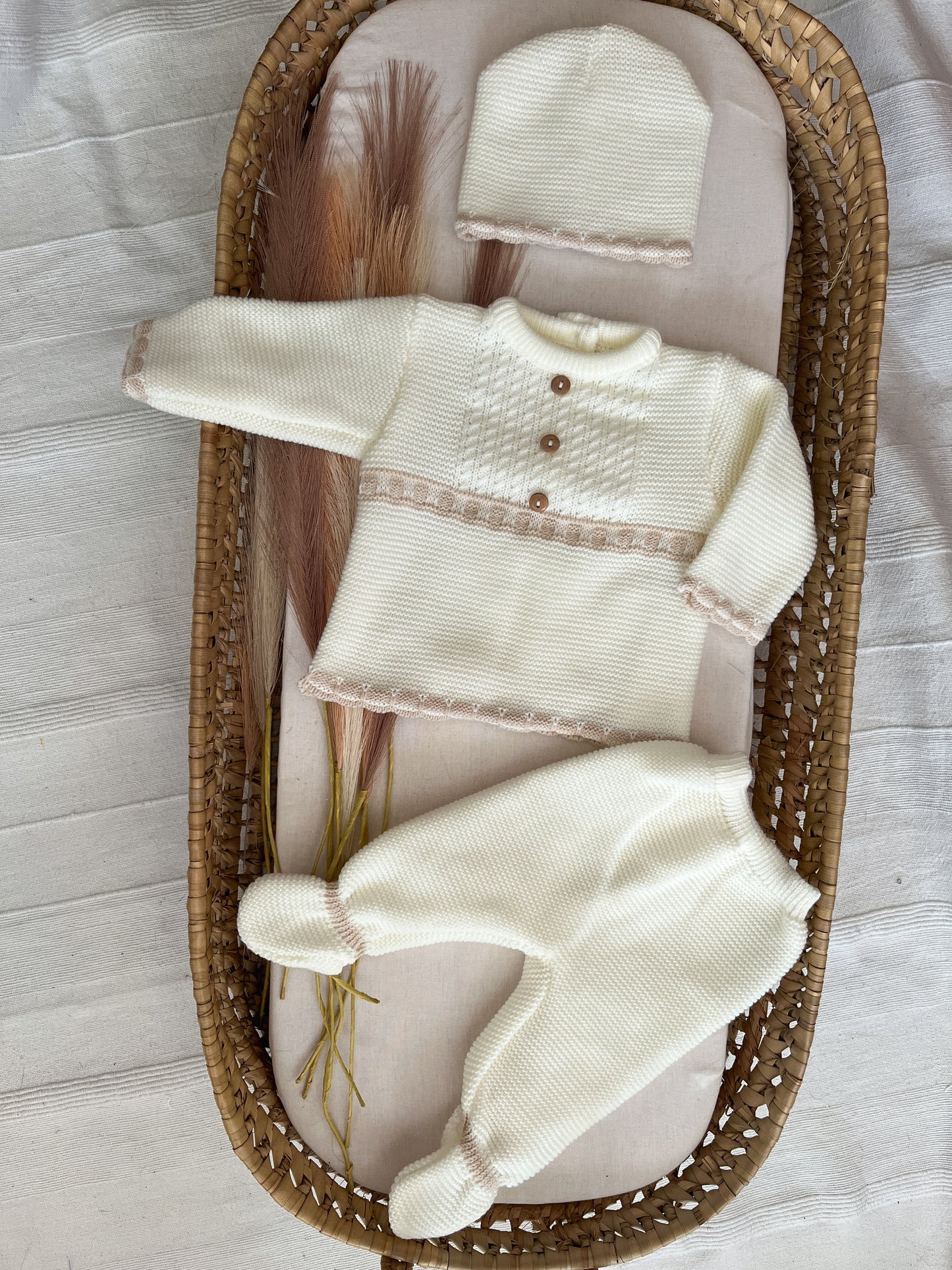 Conjunto de malha 3 peças bebé branco pérola