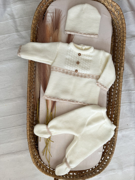 Conjunto de malha 3 peças bebé branco pérola