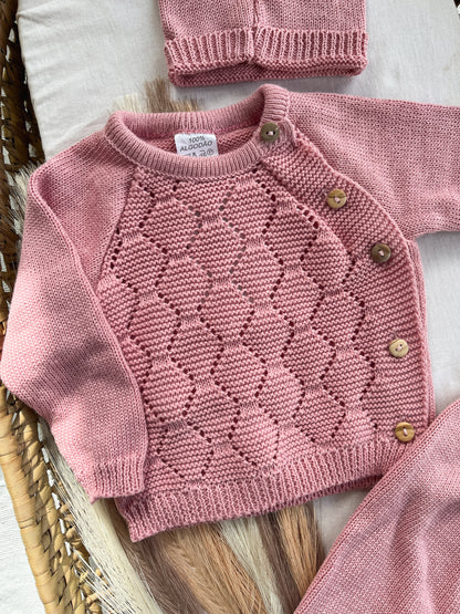 Conjunto de malha bebé 3 peças rosa