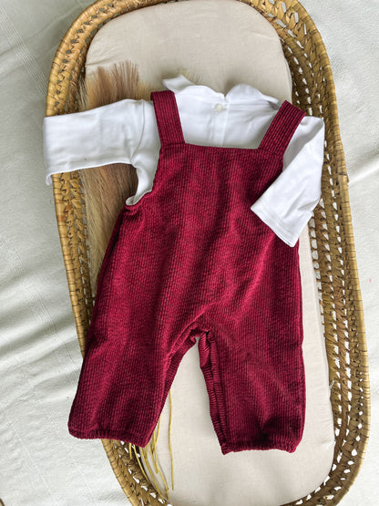 Conjunto de jardineira bordô com blusa bebé