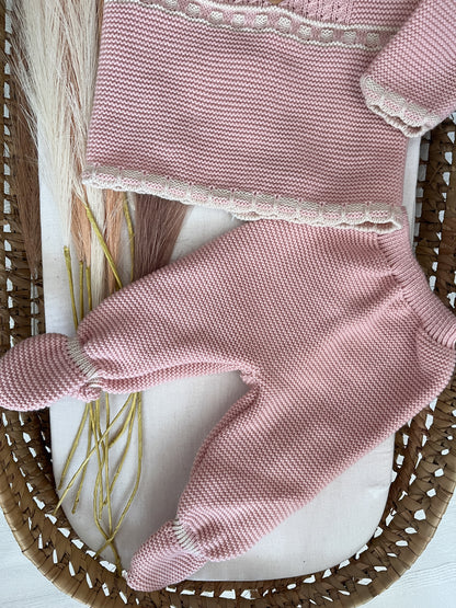 Conjunto de malha 3 peças bebé rosa