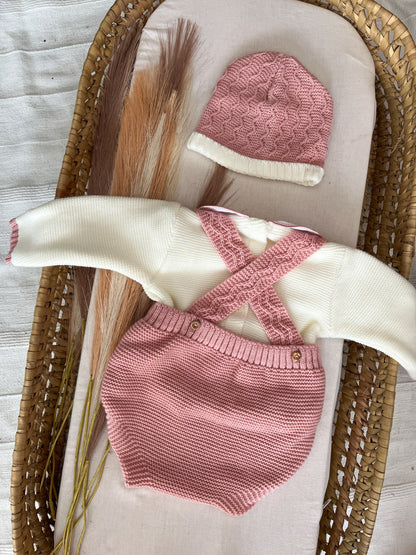 Conjunto de malha 3 peças bebé rosa