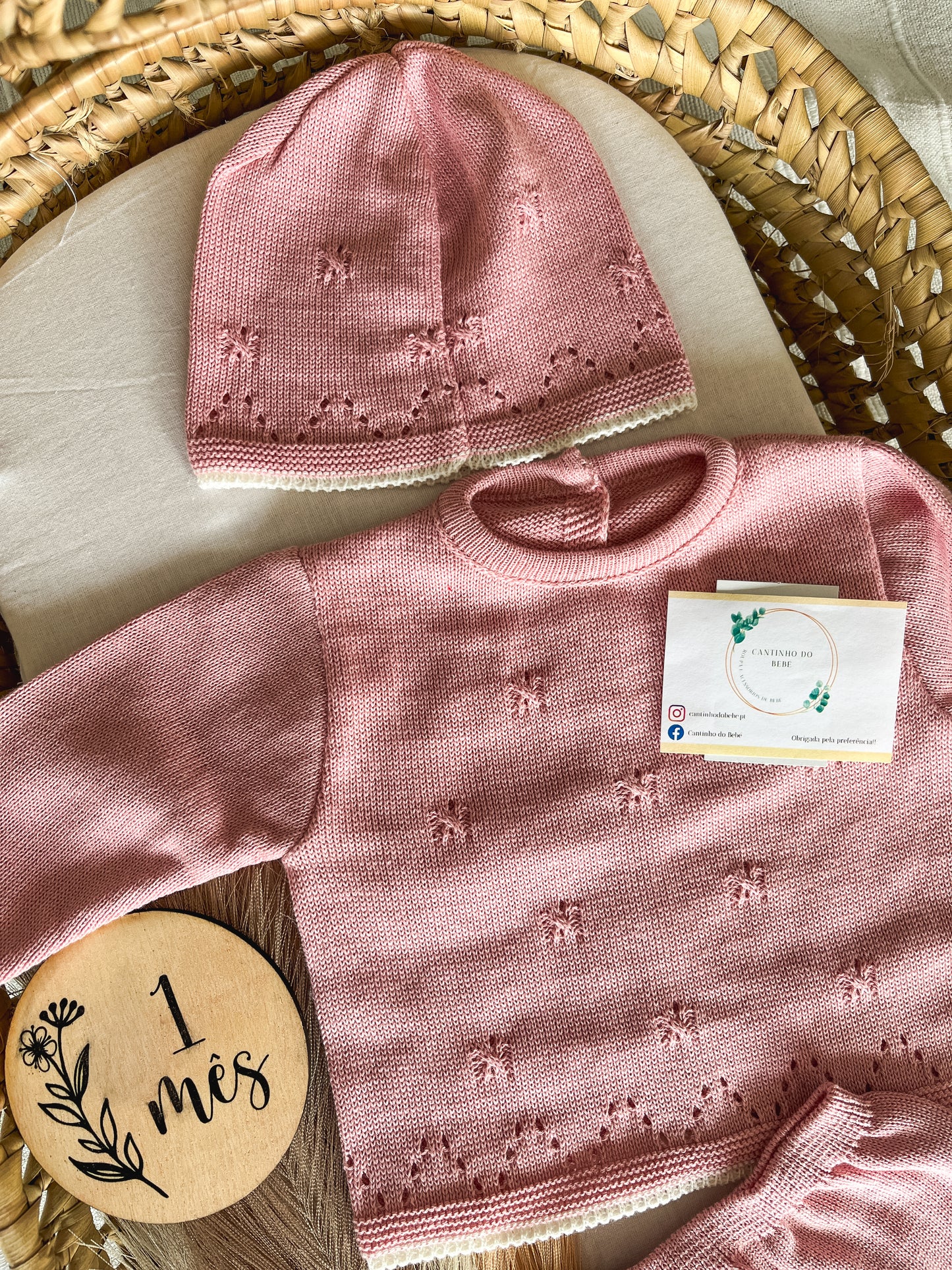 Conjunto de malha bebé 3 peças rosa velho
