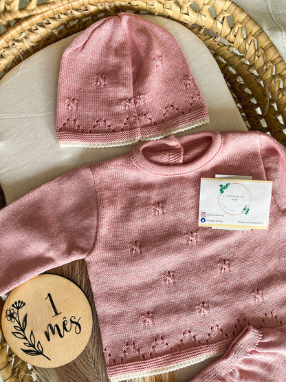 Conjunto de malha bebé 3 peças rosa velho