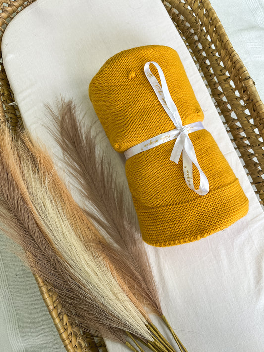 Manta de malha amarelo mostarda para bebé personalizável com nome