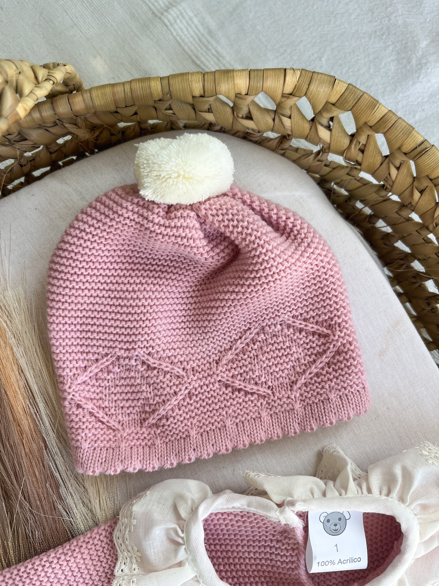 Conjunto de malha 2 peças fofo e gorro rosa velho