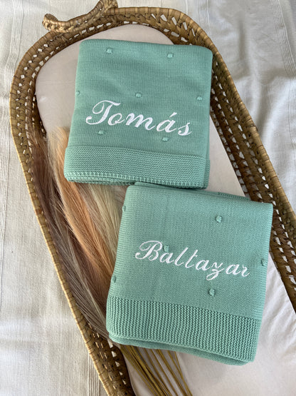 Manta de malha verde agua para bebé personalizável com nome