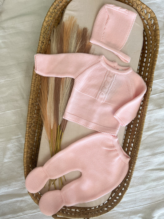 Conjunto de malha 3 peças bebé rosa bebé