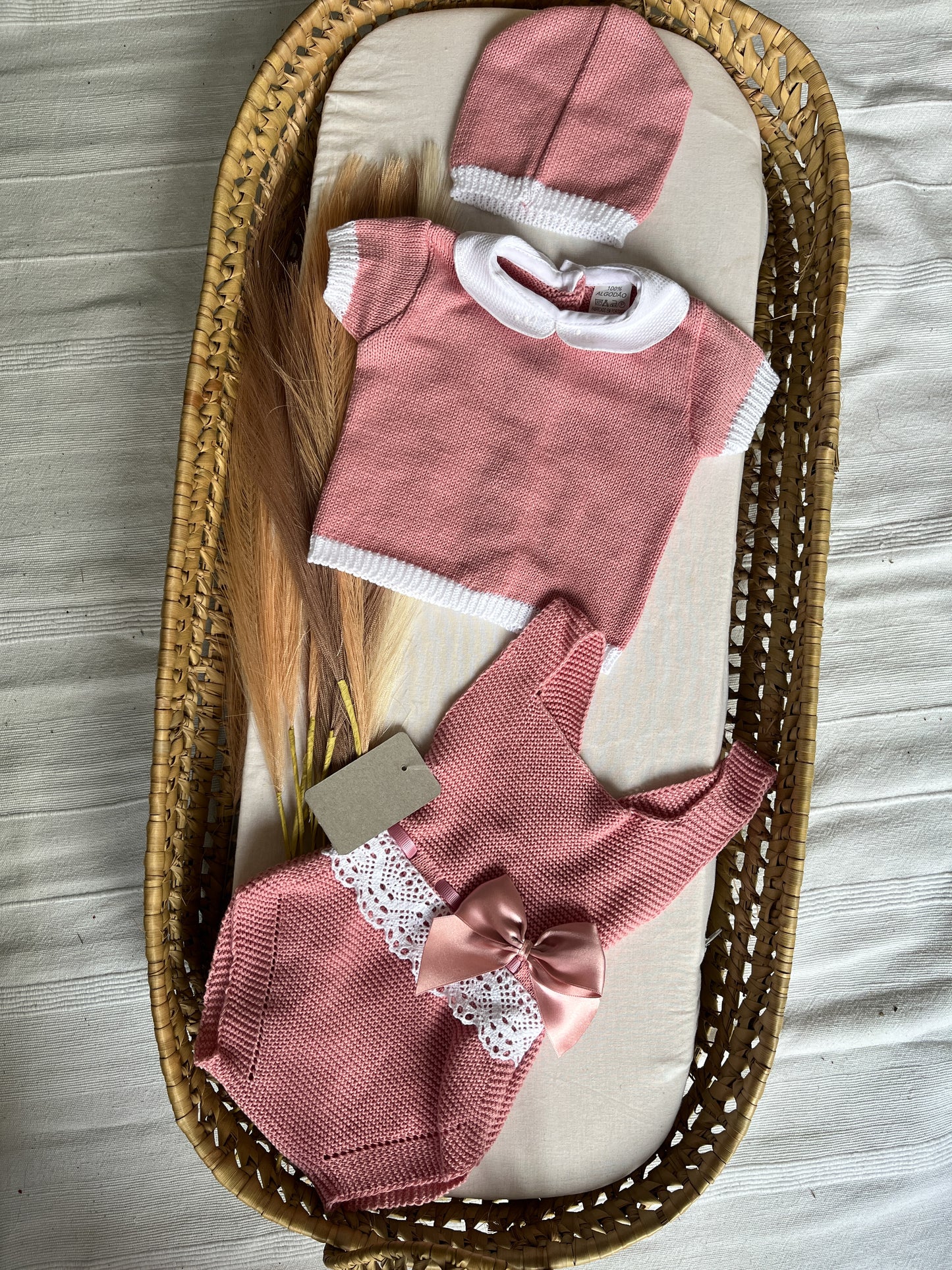 Conjunto de malha bebé 3 peças rosa