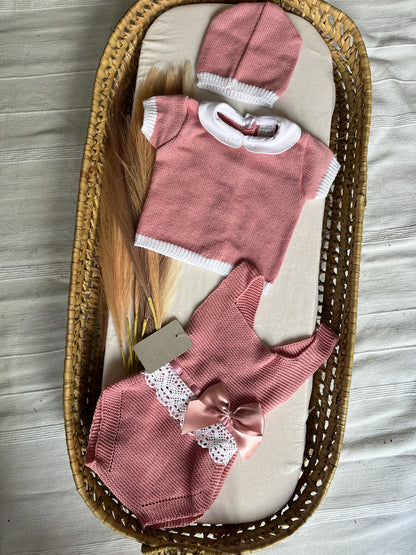 Conjunto de malha bebé 3 peças rosa