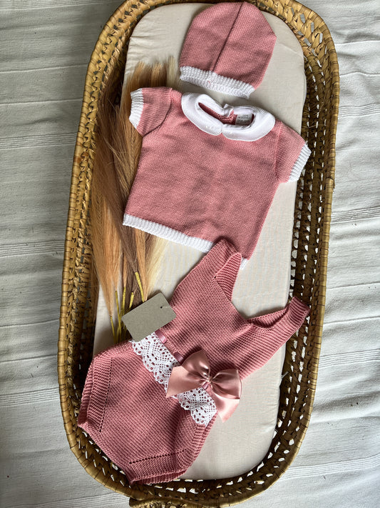 Conjunto de malha bebé 3 peças rosa