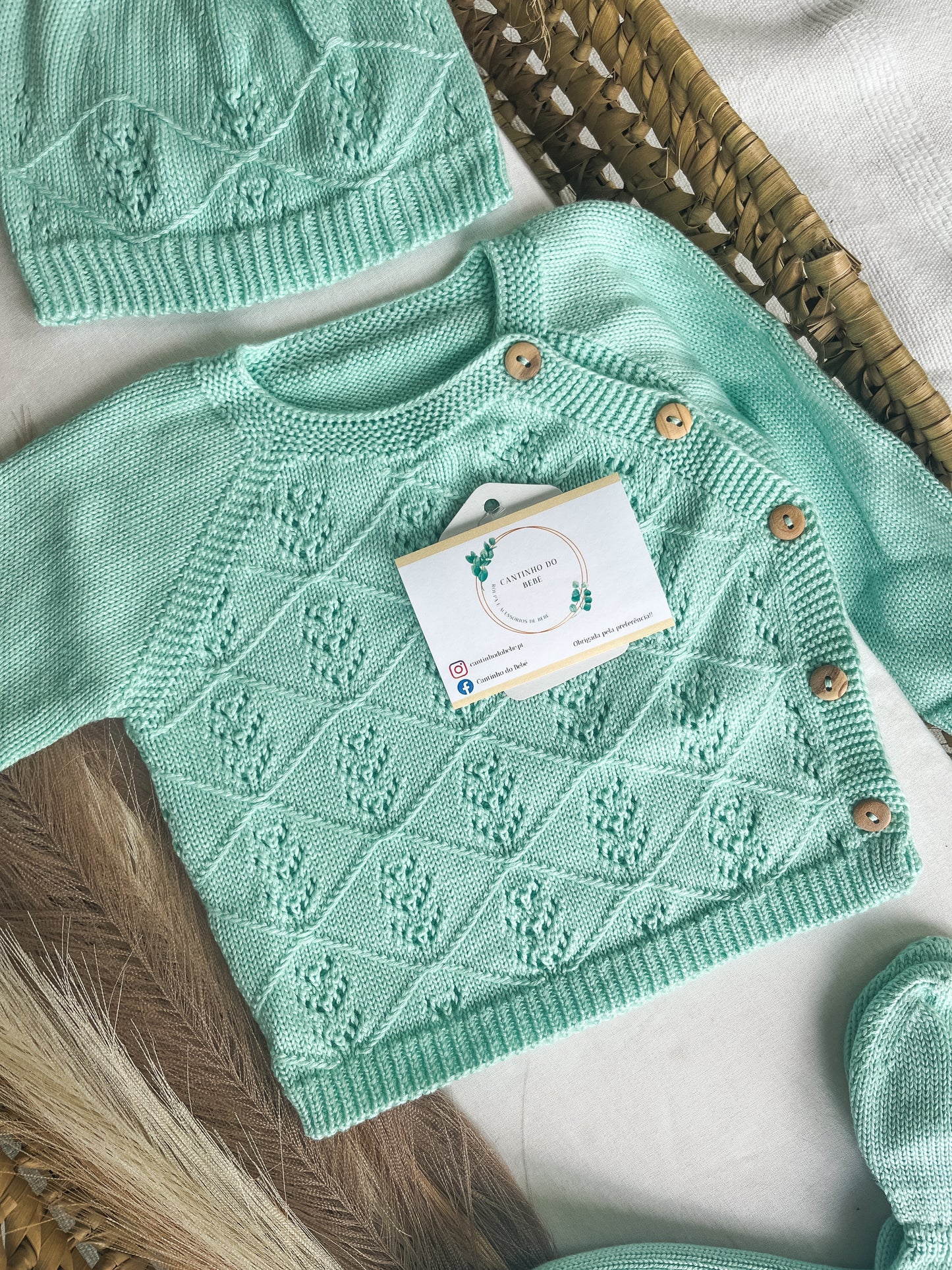 Conjunto de malha 3 peças bebé verde menta