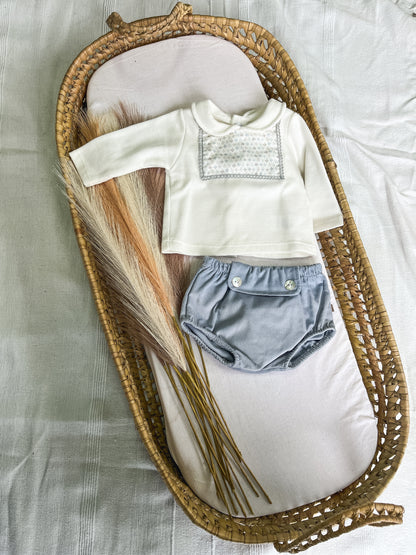 Conjunto de camisola com tapa fralda bebé azul