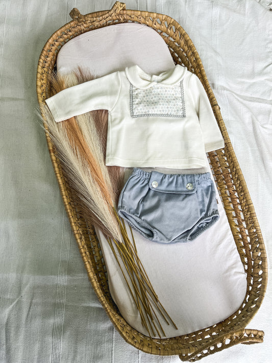 Conjunto de camisola com tapa fralda bebé azul
