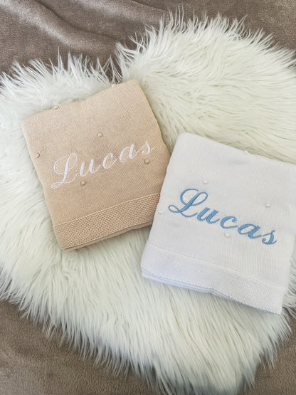 Manta de malha branco pérola para bebé personalizável com nome