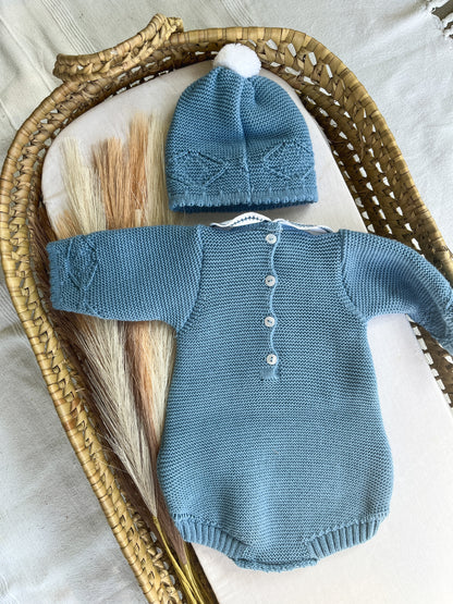Conjunto de malha 2 peças fofo e gorro azul