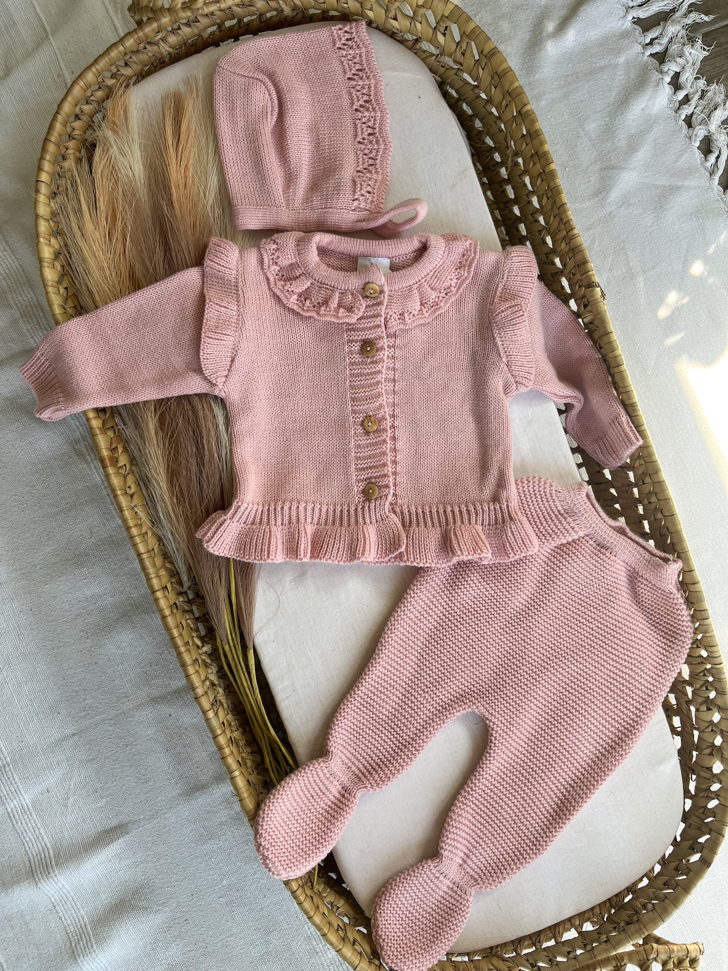 Conjunto de malha bebé 3 peças rosa velho