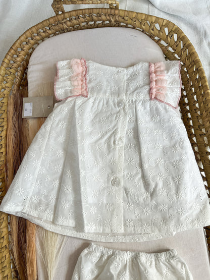 Conjunto de vestido com tapa fralda bebé menina rosa