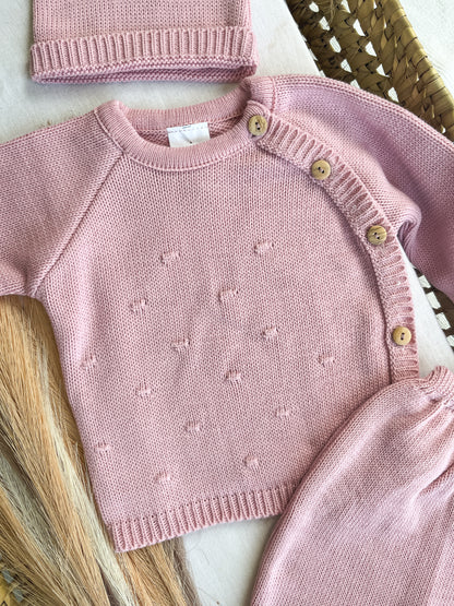 Conjunto de malha 3 peças bebé rosa velho