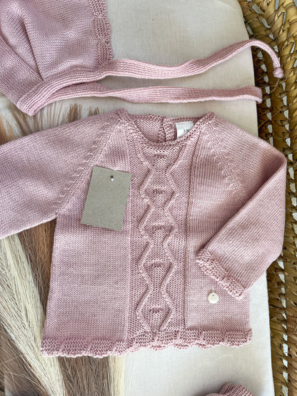 Conjunto de malha bebé 3 peças rosa velho