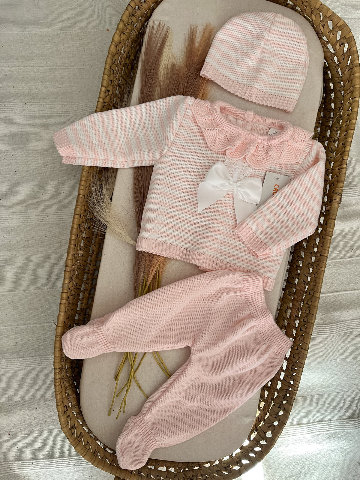 Conjunto de malha 3 peças bebé rosa bebé
