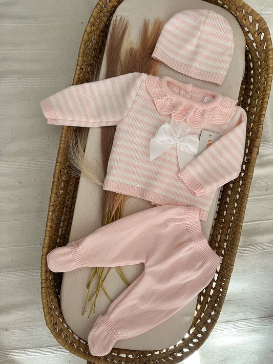 Conjunto de malha 3 peças bebé rosa bebé