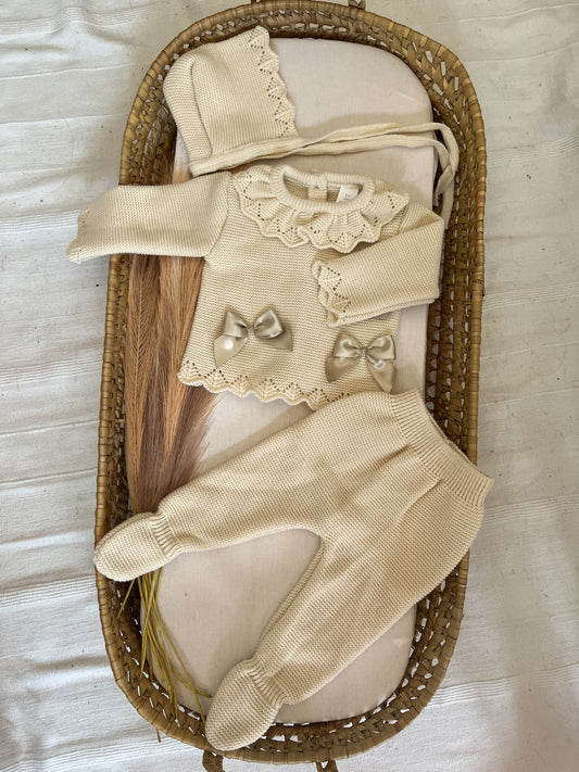 Conjunto de malha 3 peças bebé bege